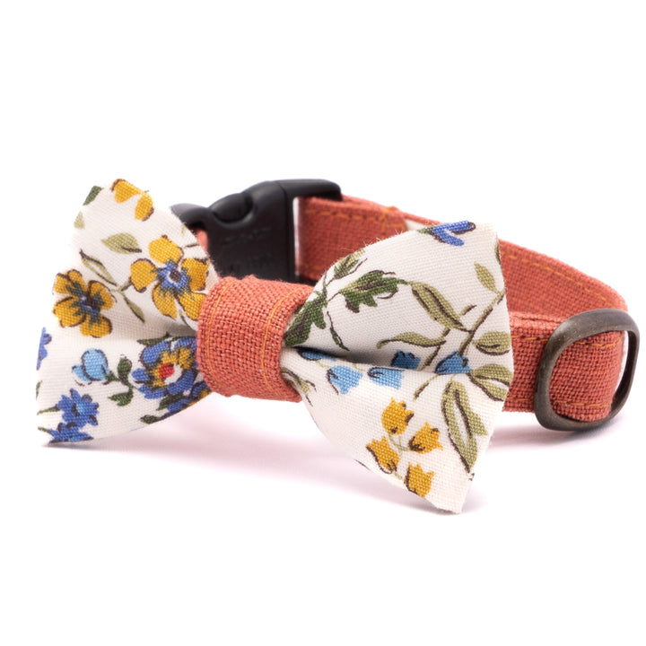 リボン付き猫首輪 フルラージュ&MUJIベルギーリネン ブルー×オレンジ