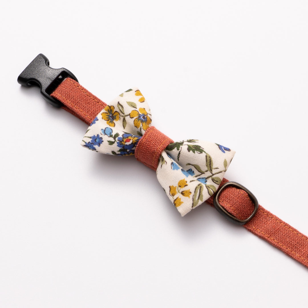 リボン付き猫首輪 フルラージュ&MUJIベルギーリネン ブルー×オレンジ