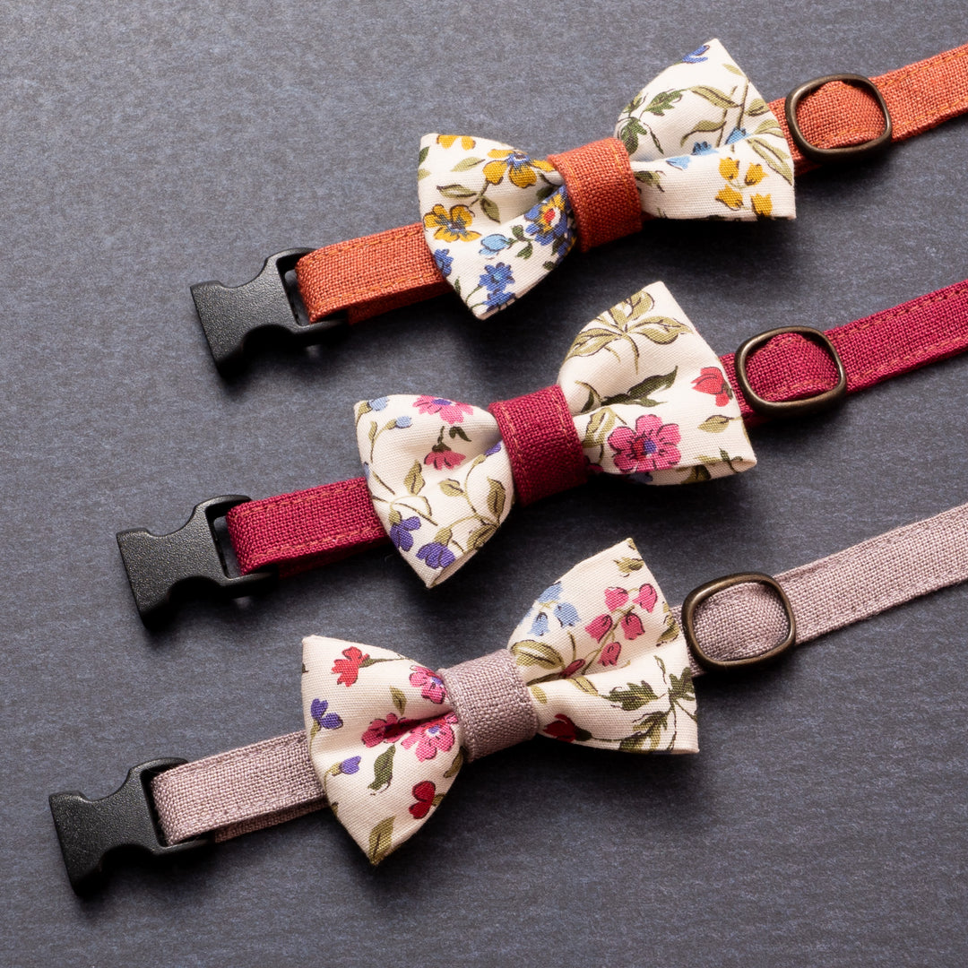 リボン付き猫首輪 フルラージュ&MUJIベルギーリネン ブルー×オレンジ