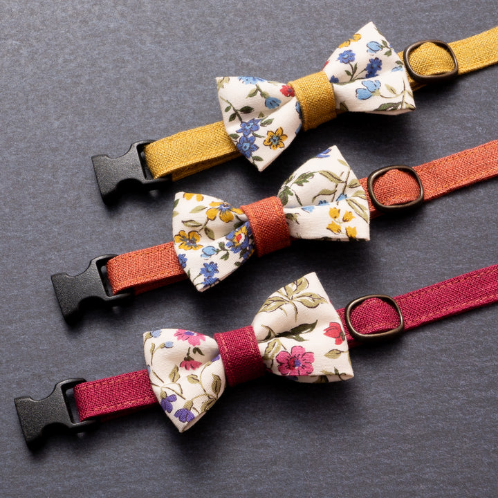 リボン付き猫首輪 フルラージュ&MUJIベルギーリネン ブルー×オレンジ