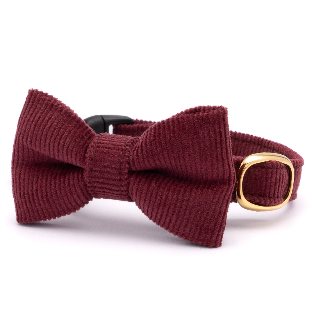 リボン付き猫首輪 コットンコーデュロイ ボルドー