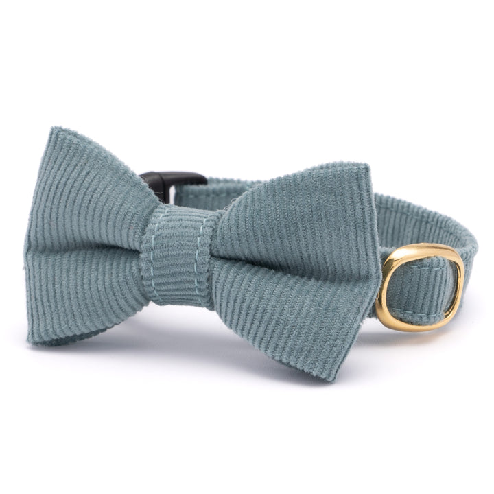 リボン付き猫首輪 コットンコーデュロイ ブルーグリーン