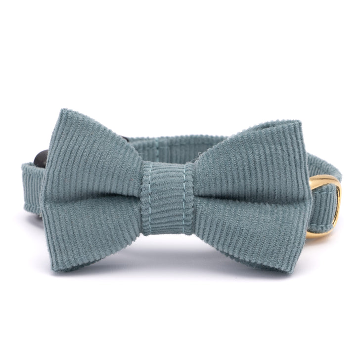 リボン付き猫首輪 コットンコーデュロイ ブルーグリーン