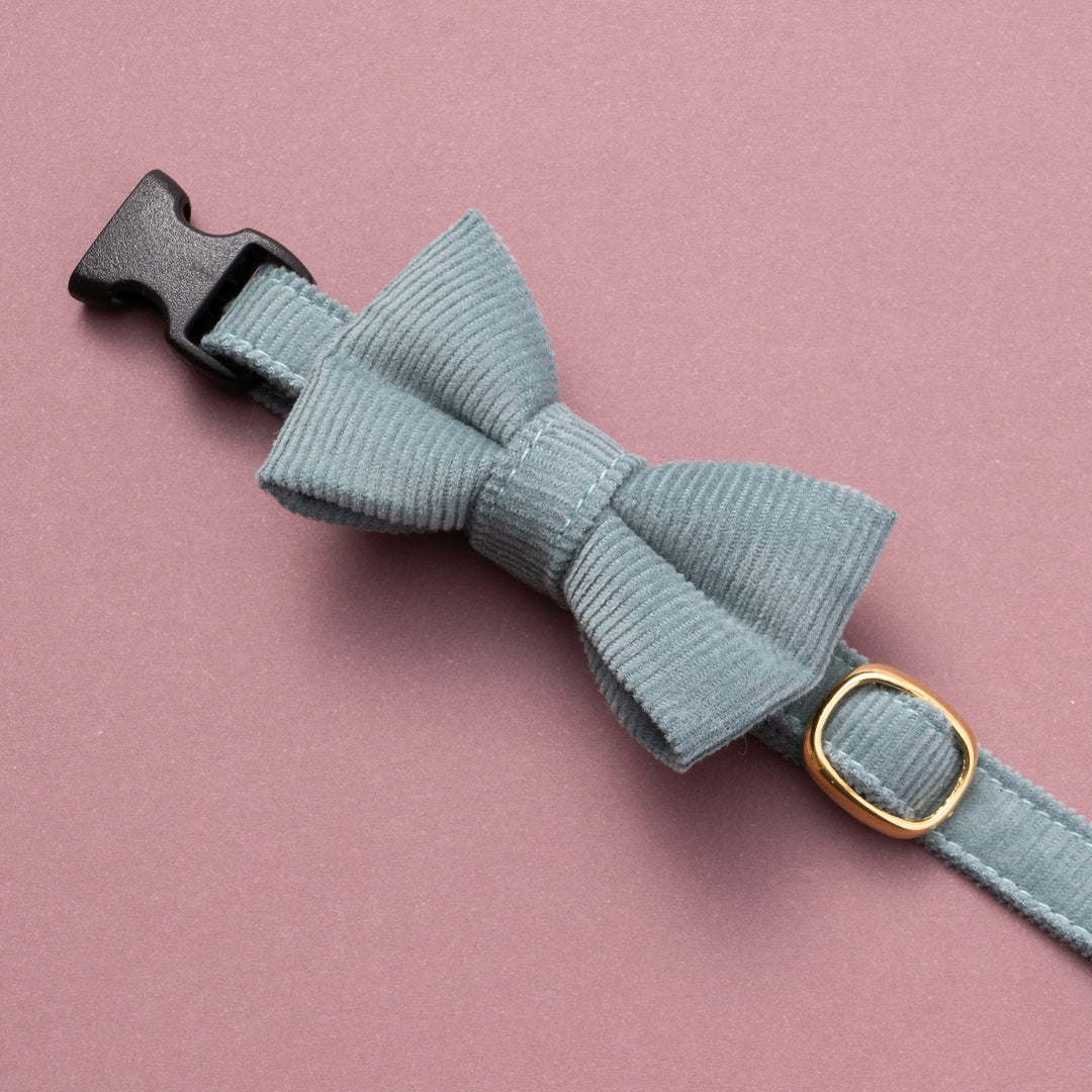 リボン付き猫首輪 コットンコーデュロイ ブルーグリーン