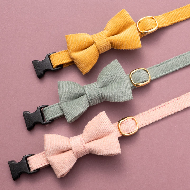 リボン付き猫首輪 コットンコーデュロイ グリーン