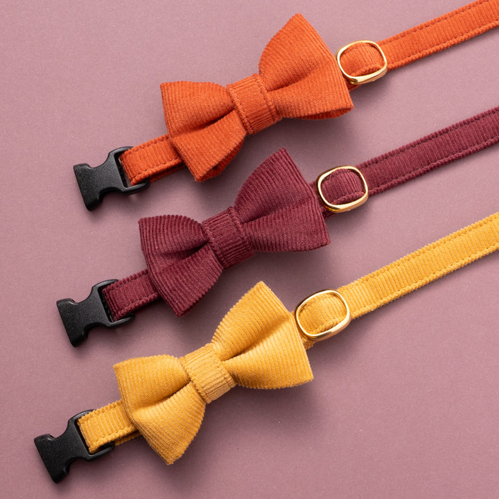 リボン付き猫首輪 コットンコーデュロイ イエロー