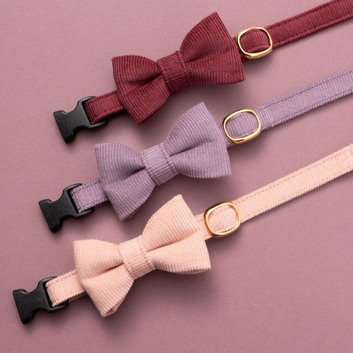 リボン付き猫首輪 コットンコーデュロイ ピンク