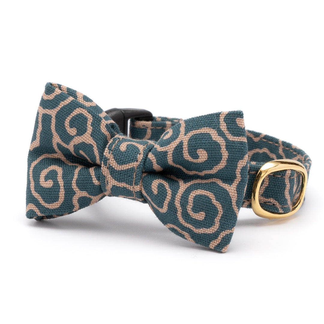 リボン付き猫首輪 唐草うずまき 青緑