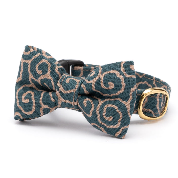 リボン付き猫首輪 唐草うずまき 青緑