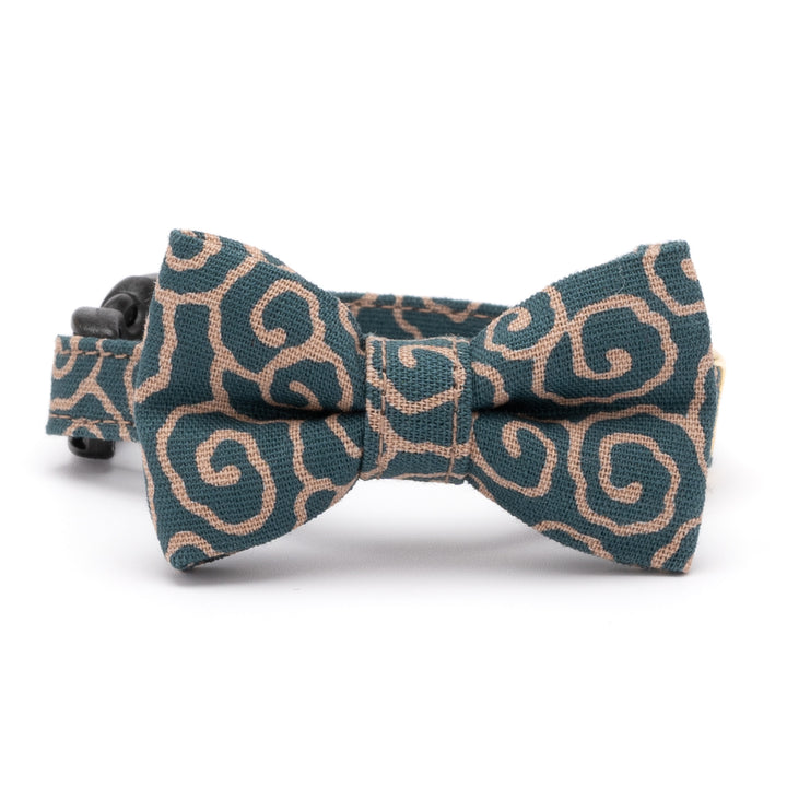 リボン付き猫首輪 唐草うずまき 青緑