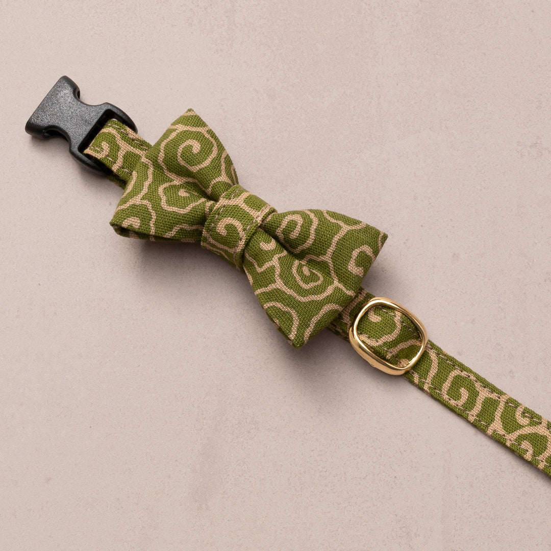 リボン付き猫首輪 唐草うずまき 緑