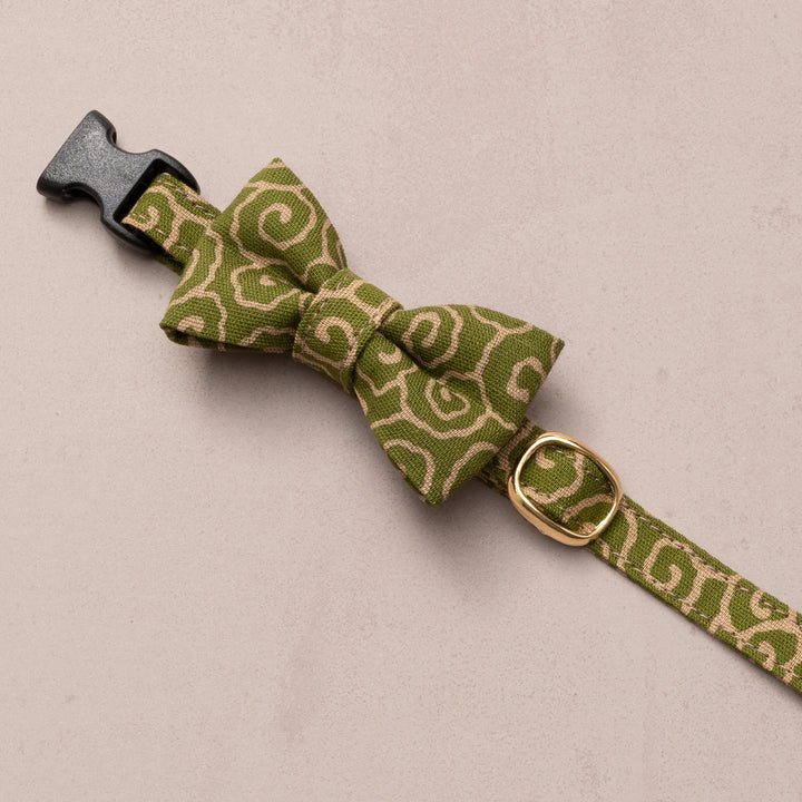 リボン付き猫首輪 唐草うずまき 緑