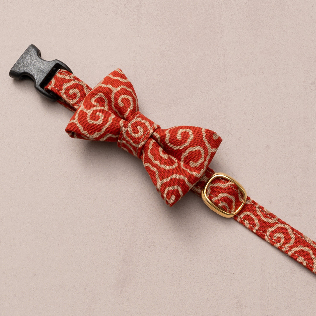 リボン付き猫首輪 唐草うずまき 赤