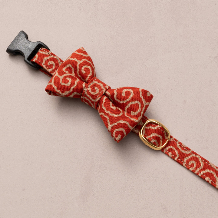 リボン付き猫首輪 唐草うずまき 赤