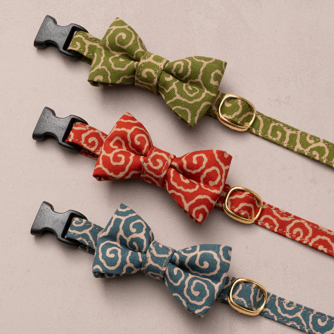 リボン付き猫首輪 唐草うずまき 青緑