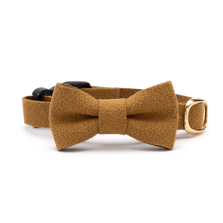 リボン付き猫首輪 引っ掻きに強いスエード マスタード