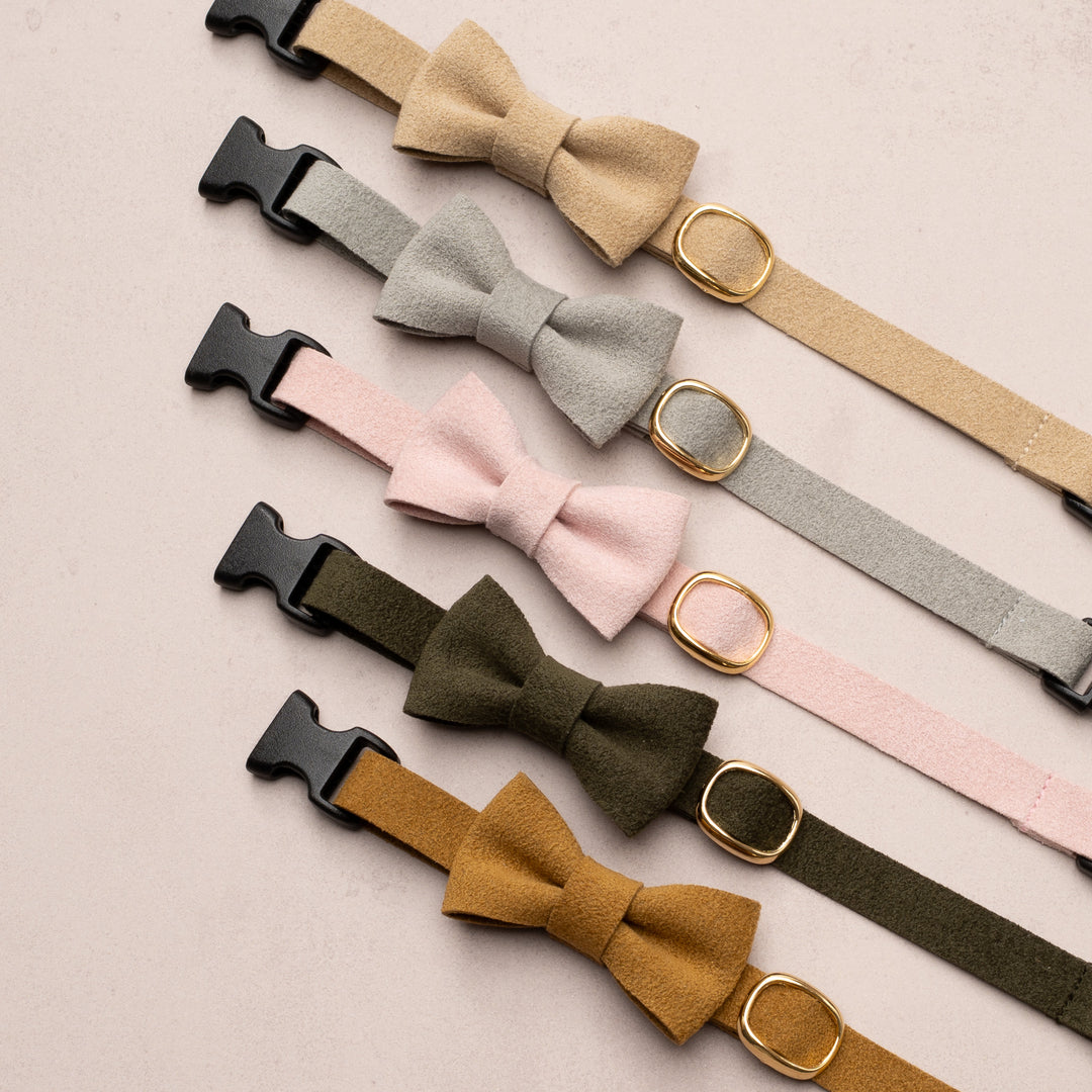 リボン付き猫首輪 引っ掻きに強いスエード マスタード