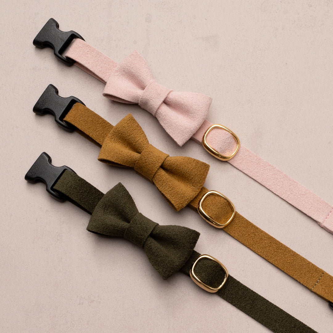 リボン付き猫首輪 引っ掻きに強いスエード ピンク