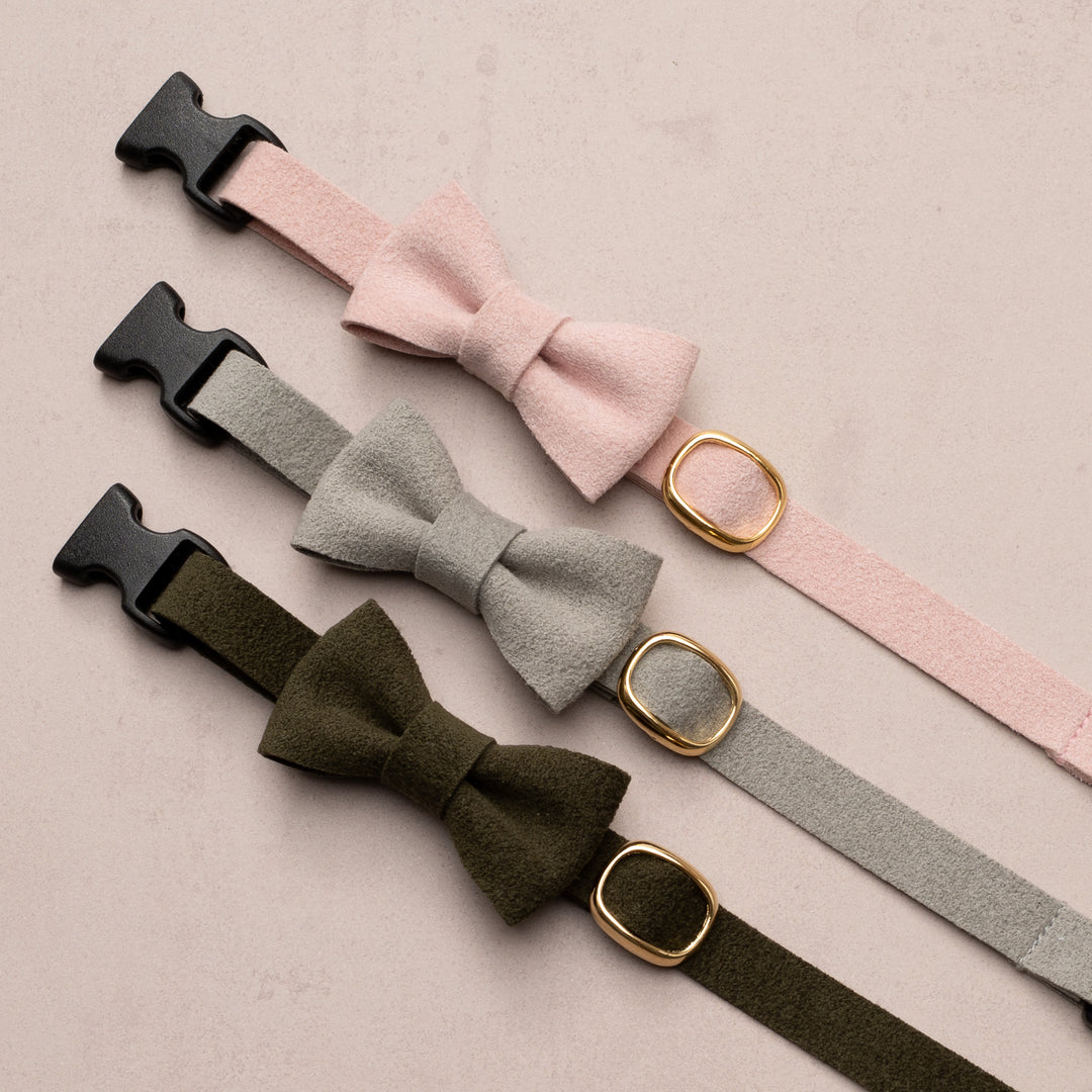 リボン付き猫首輪 引っ掻きに強いスエード オリーブ