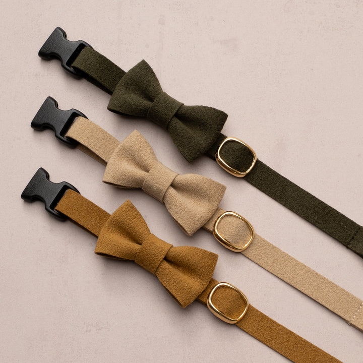 リボン付き猫首輪 引っ掻きに強いスエード オリーブ