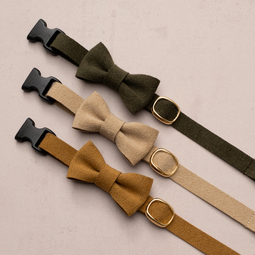 リボン付き猫首輪 引っ掻きに強いスエード マスタード