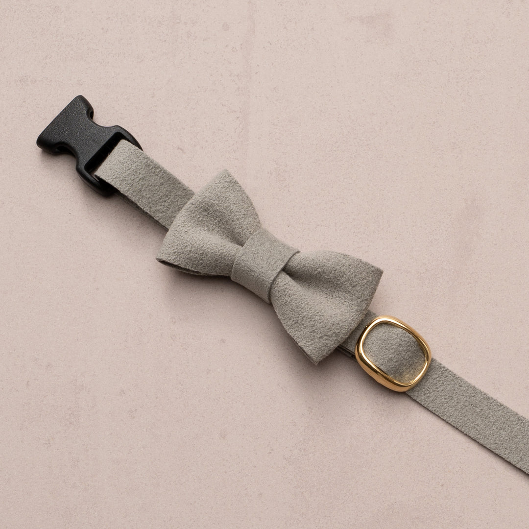 リボン付き猫首輪 引っ掻きに強いスエード グレー