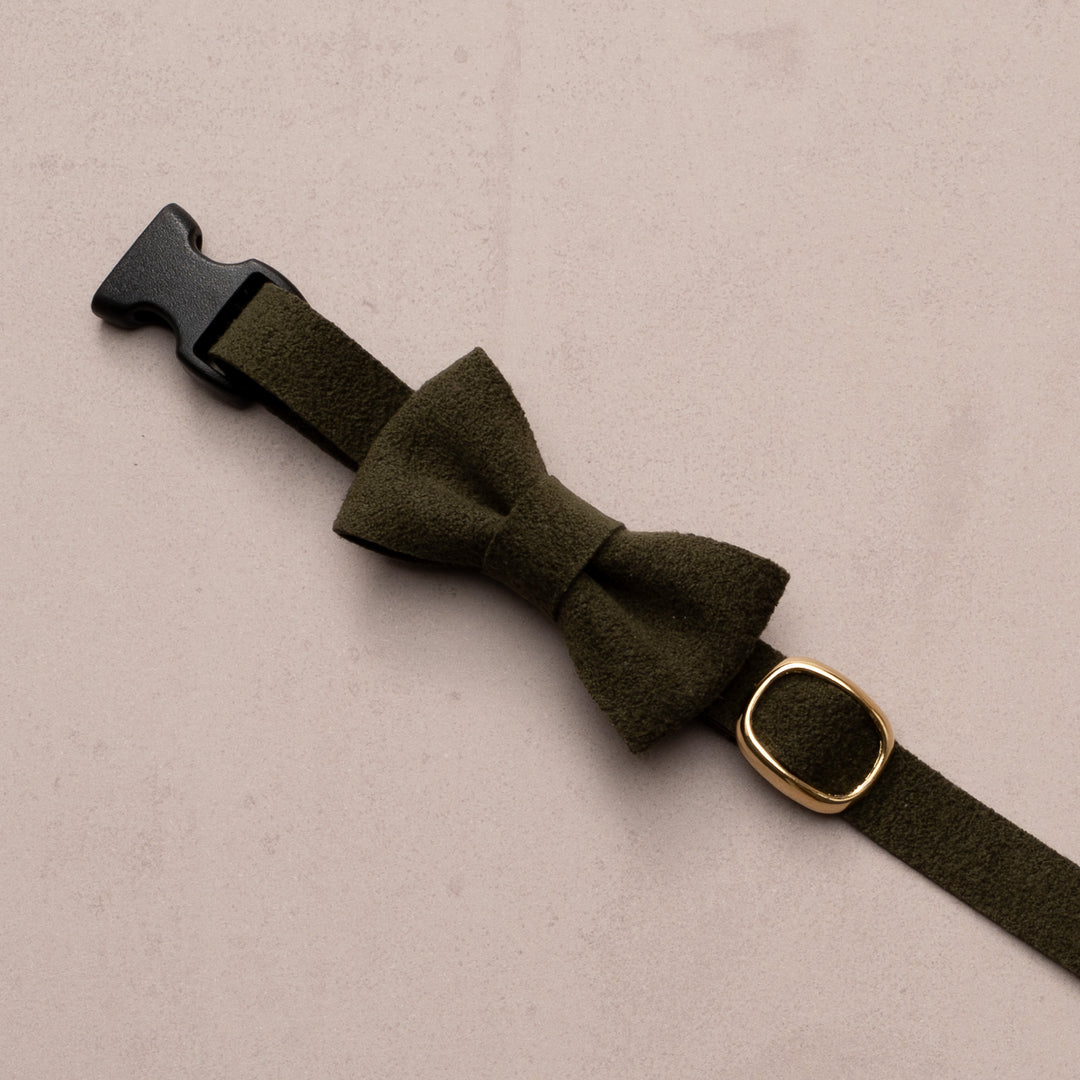 リボン付き猫首輪 引っ掻きに強いスエード オリーブ