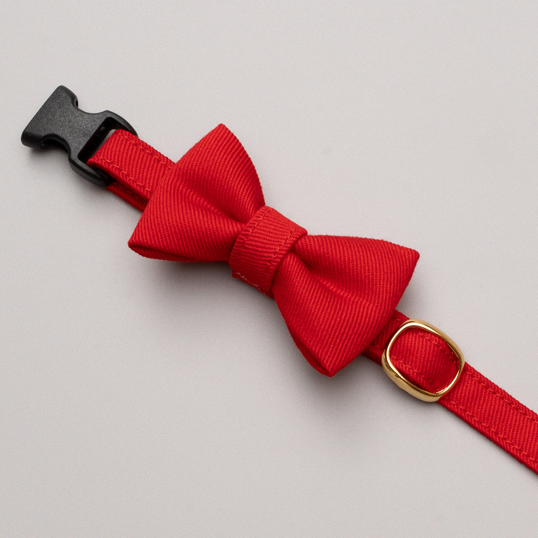 リボン付き猫首輪 MUJIコットンツイル レッド - ぽぽねこ公式オンラインショップ