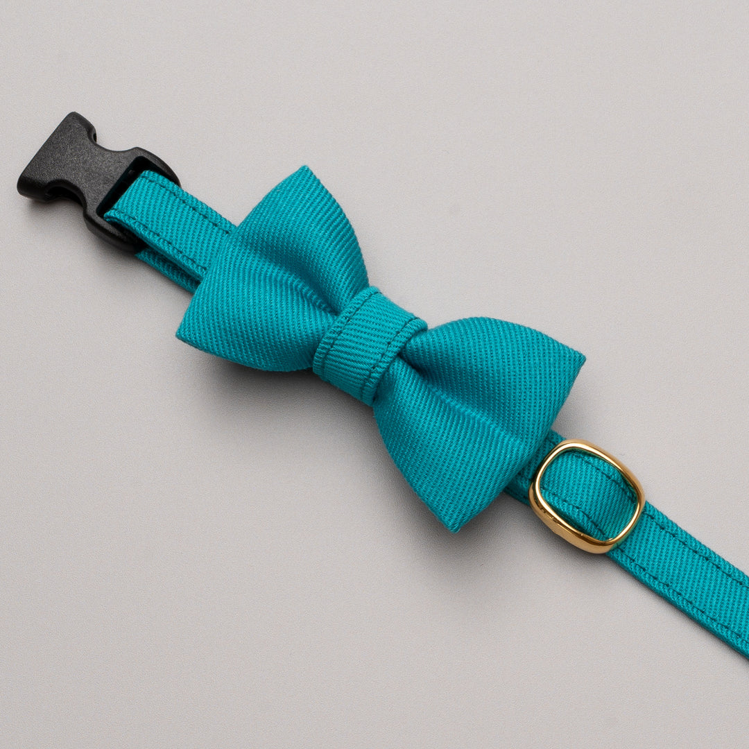 リボン付き猫首輪 MUJIコットンツイル ターコイズ