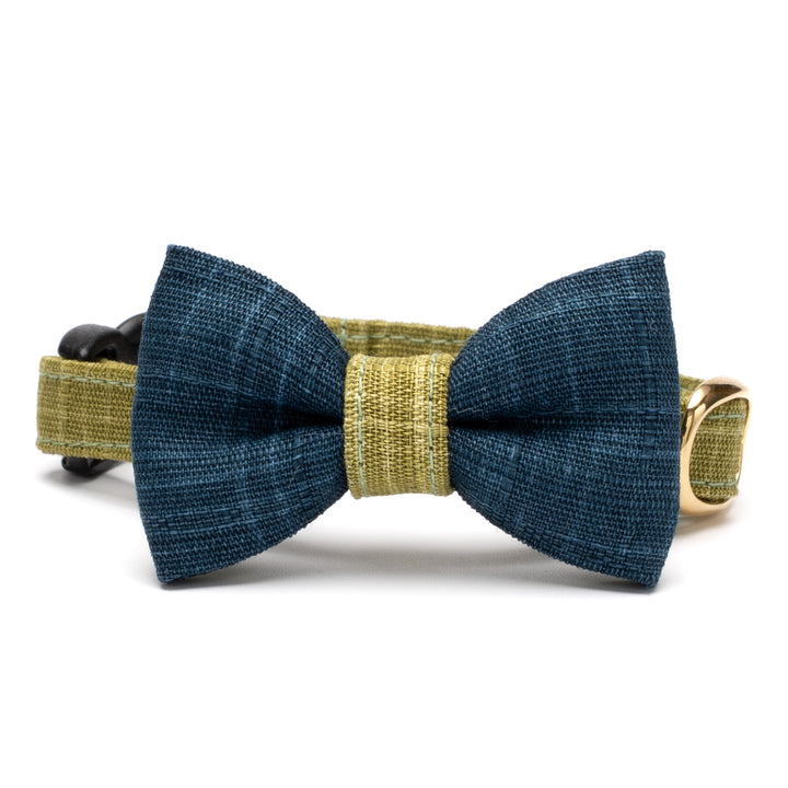 リボン付き猫首輪 彩かすり 抹茶・藍リボン