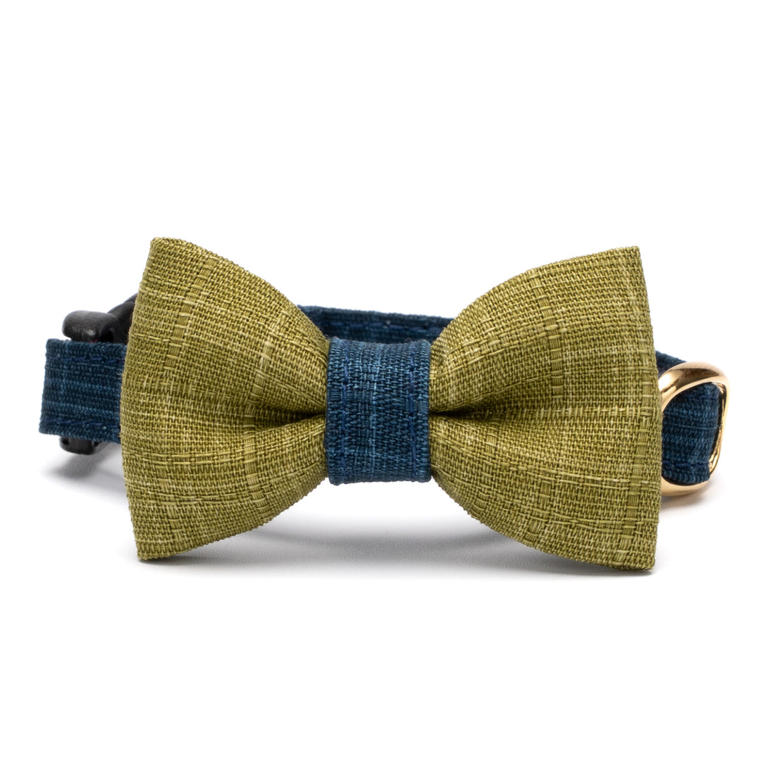 リボン付き猫首輪 彩かすり 藍・抹茶リボン