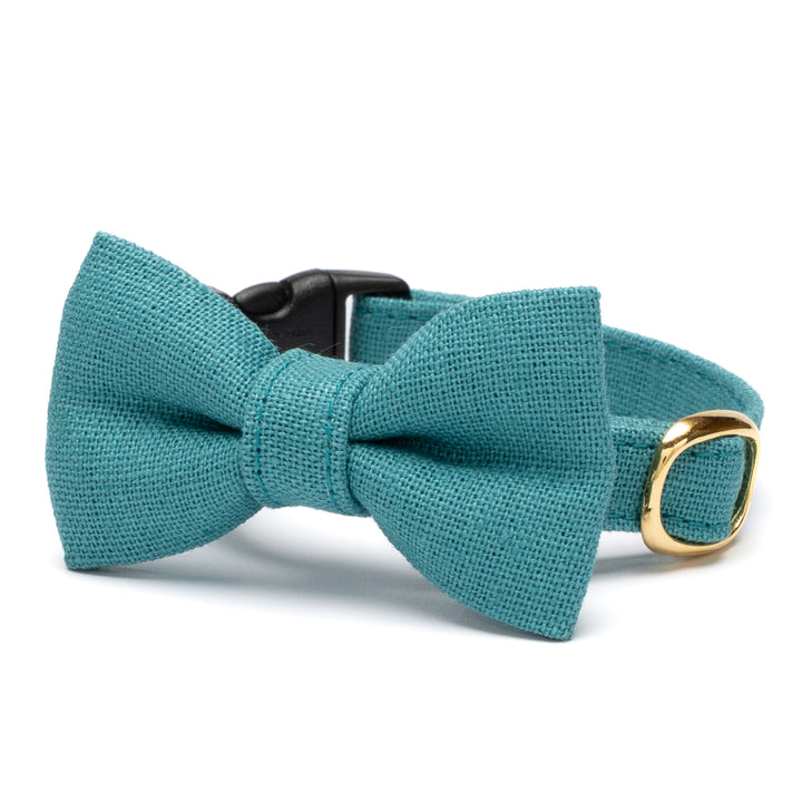 リボン付き猫首輪 MUJI綿麻 ターコイズ - ぽぽねこ公式オンラインショップ