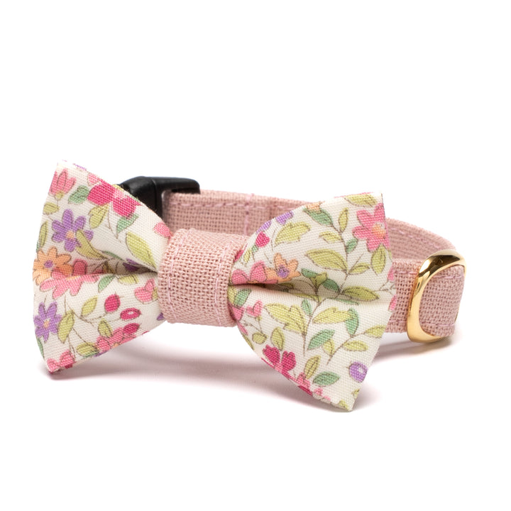 リボン付き猫首輪 綿麻小花 ピンク