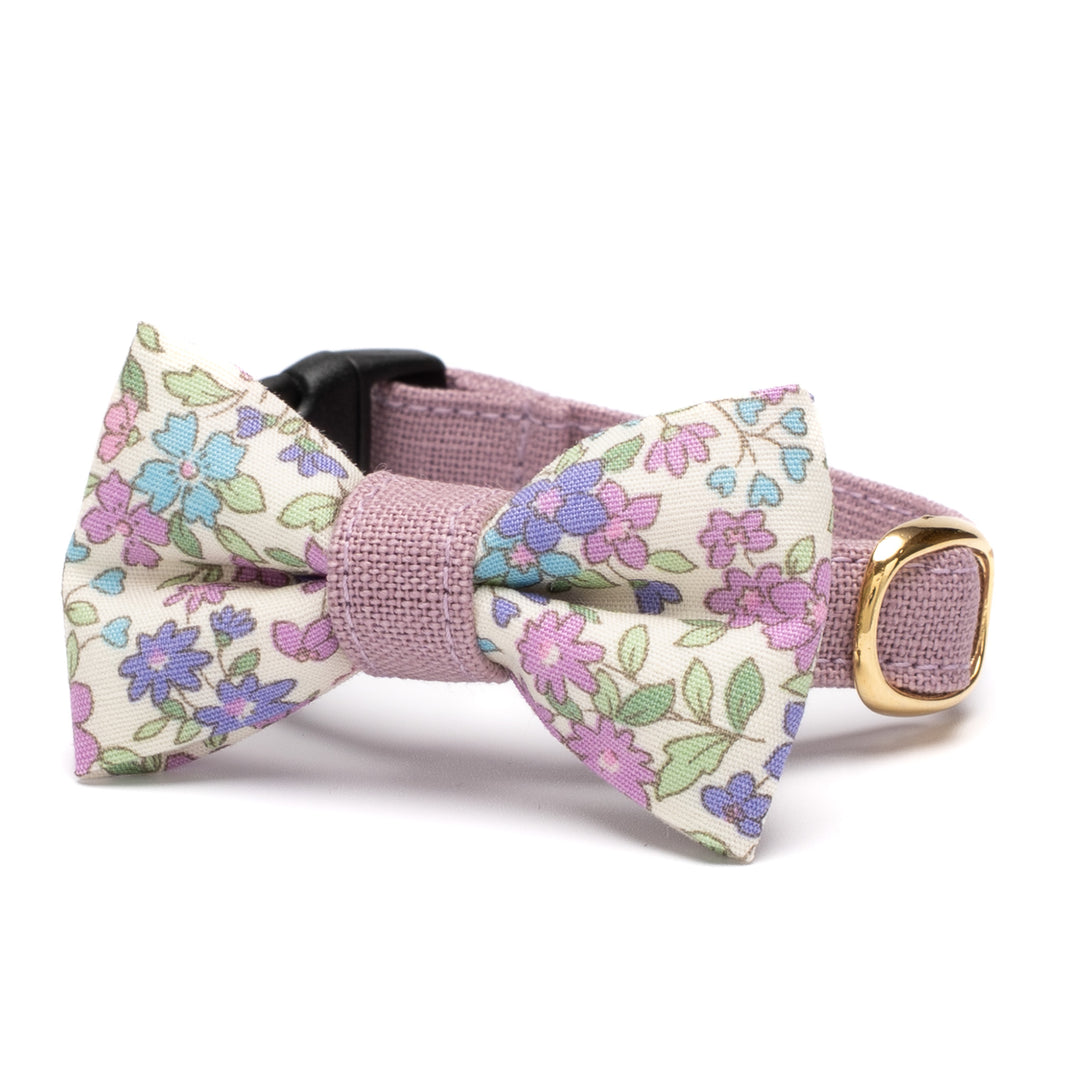 リボン付き猫首輪 綿麻小花 パープル
