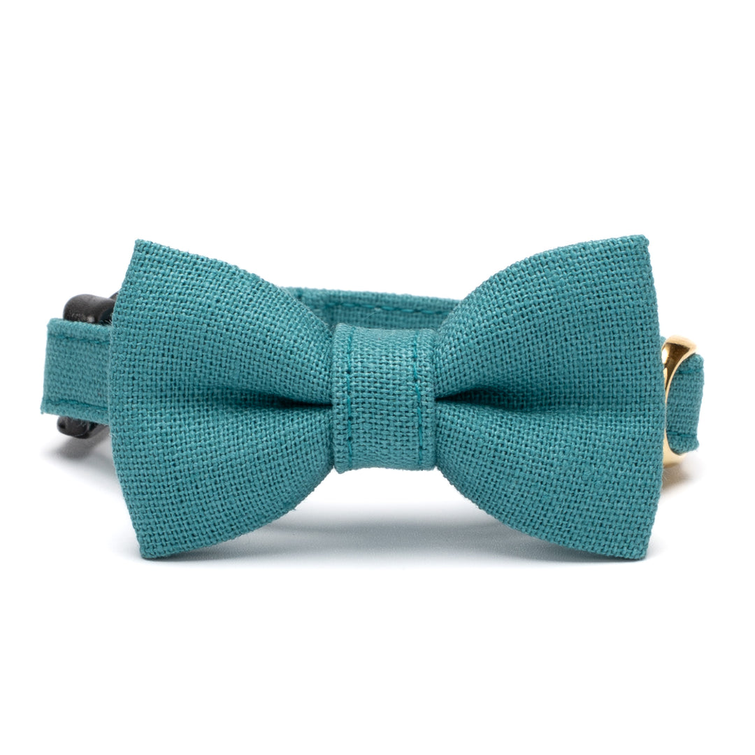 リボン付き猫首輪 MUJI綿麻 ターコイズ - ぽぽねこ公式オンラインショップ