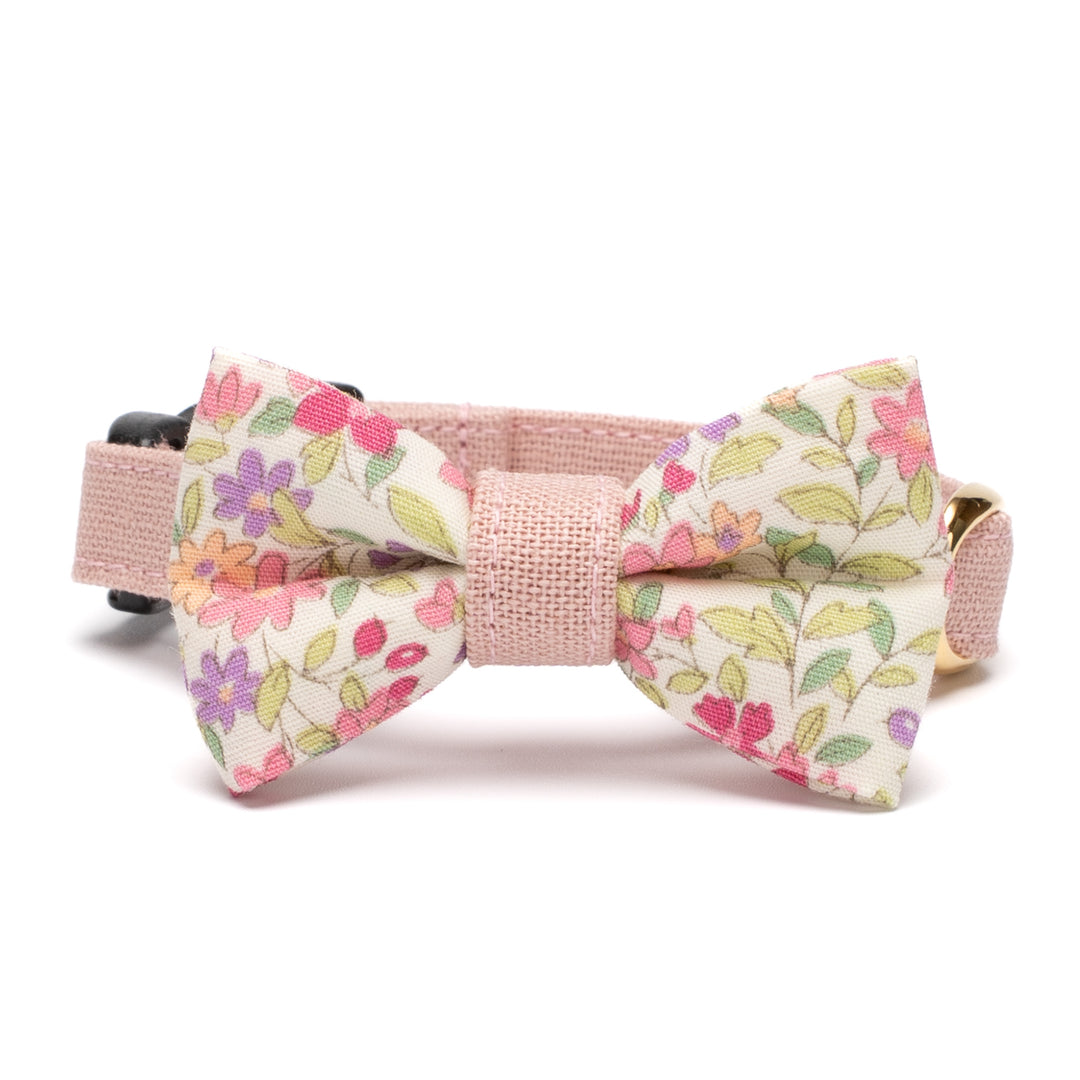 リボン付き猫首輪 綿麻小花 ピンク