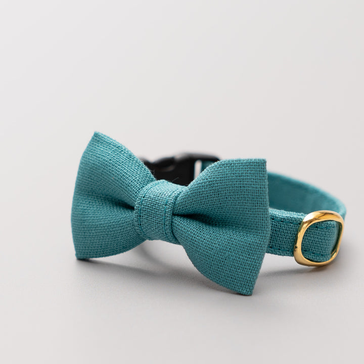 リボン付き猫首輪 MUJI綿麻 ターコイズ - ぽぽねこ公式オンラインショップ