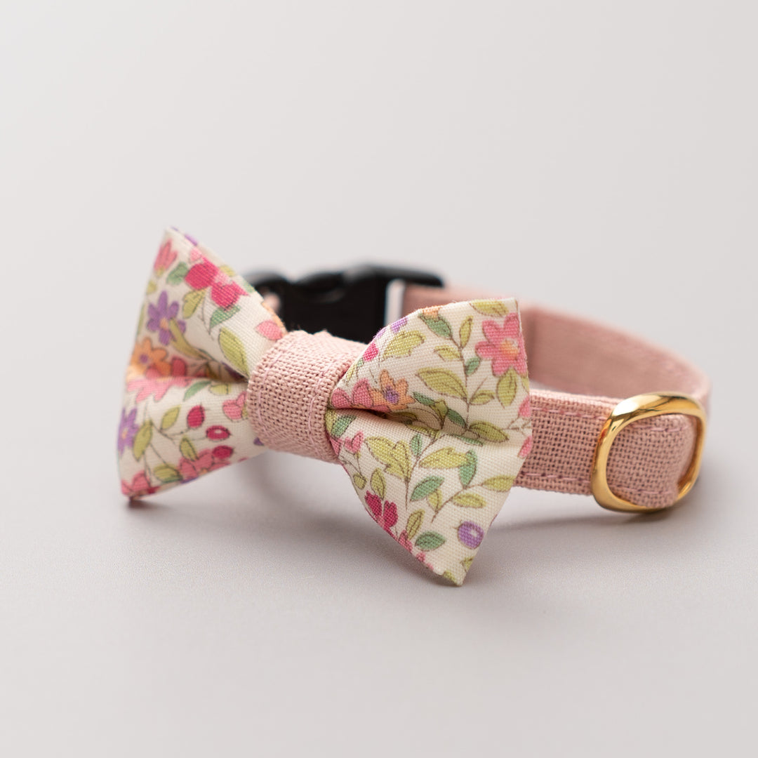 リボン付き猫首輪 綿麻小花 ピンク