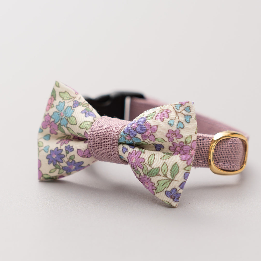 リボン付き猫首輪 綿麻小花 パープル