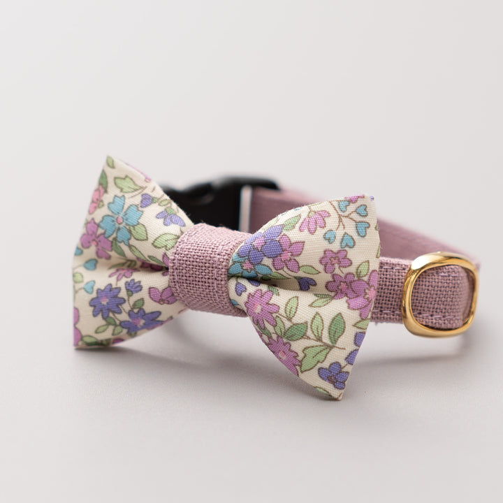 リボン付き猫首輪 綿麻小花 パープル