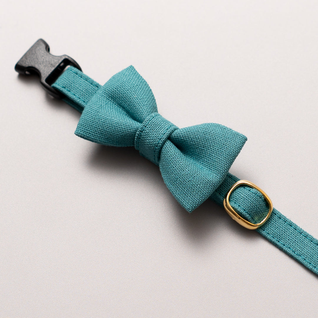リボン付き猫首輪 MUJI綿麻 ターコイズ - ぽぽねこ公式オンラインショップ