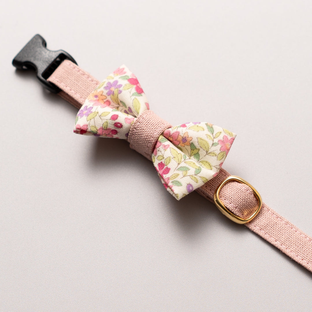 リボン付き猫首輪 綿麻小花 ピンク