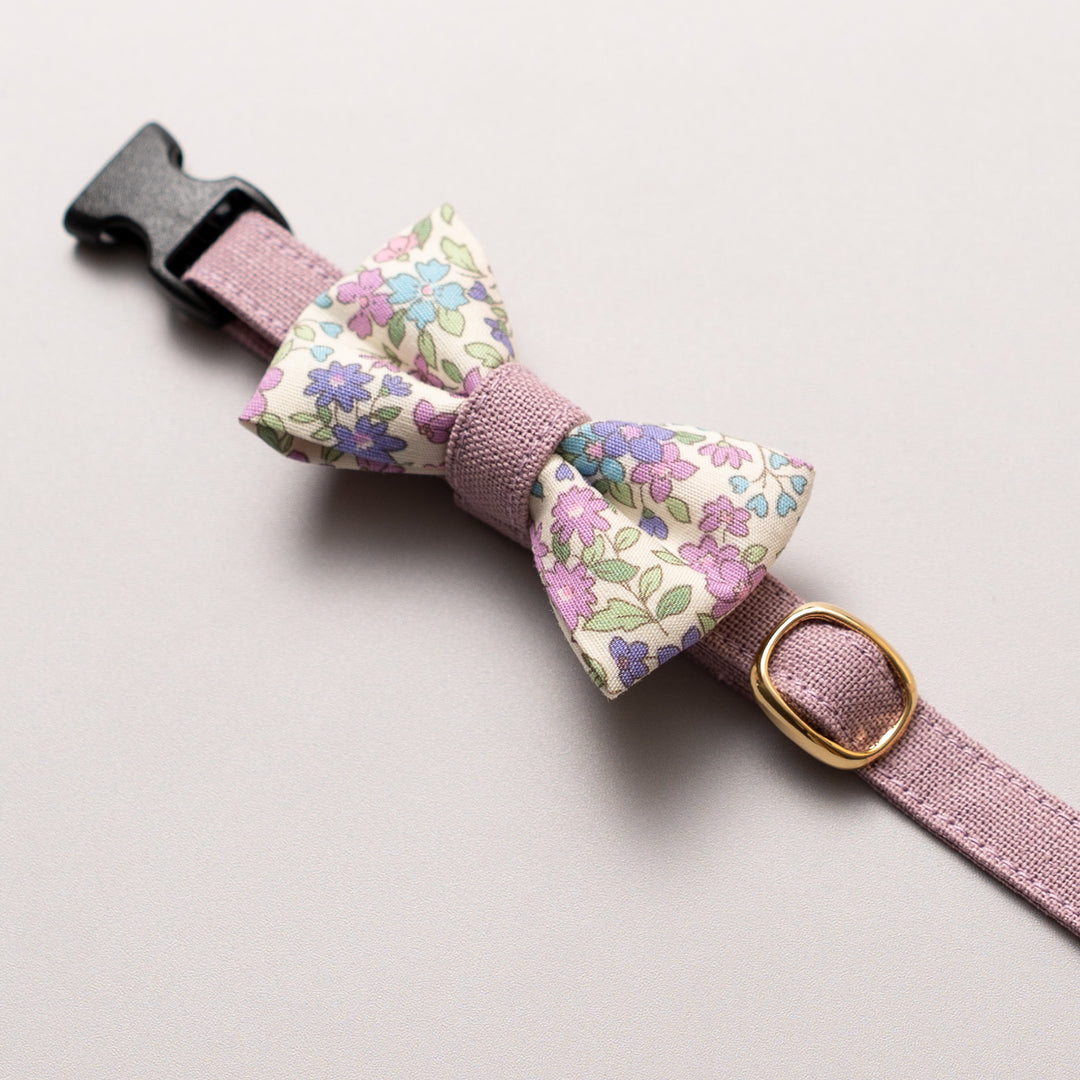 リボン付き猫首輪 綿麻小花 パープル