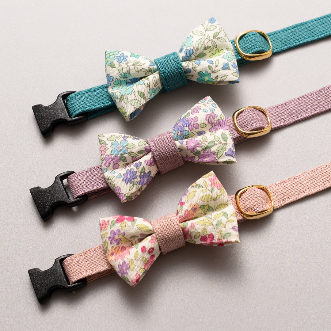 リボン付き猫首輪 綿麻小花 ピンク