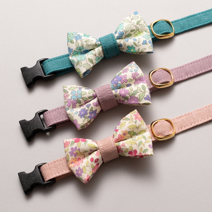 リボン付き猫首輪 綿麻小花 ピンク