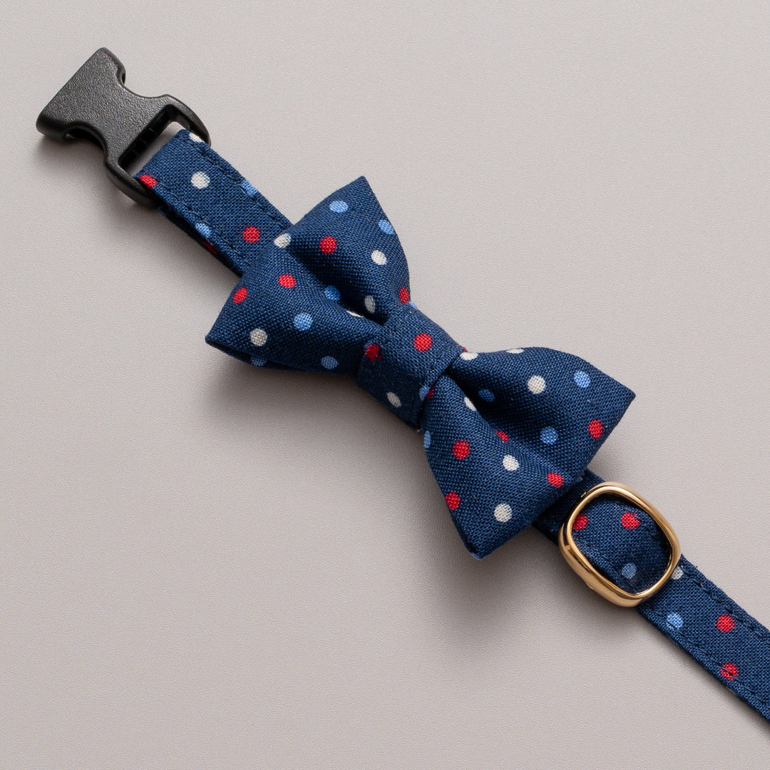リボン付き猫首輪 ドット マルチカラー ネイビー【限定色】