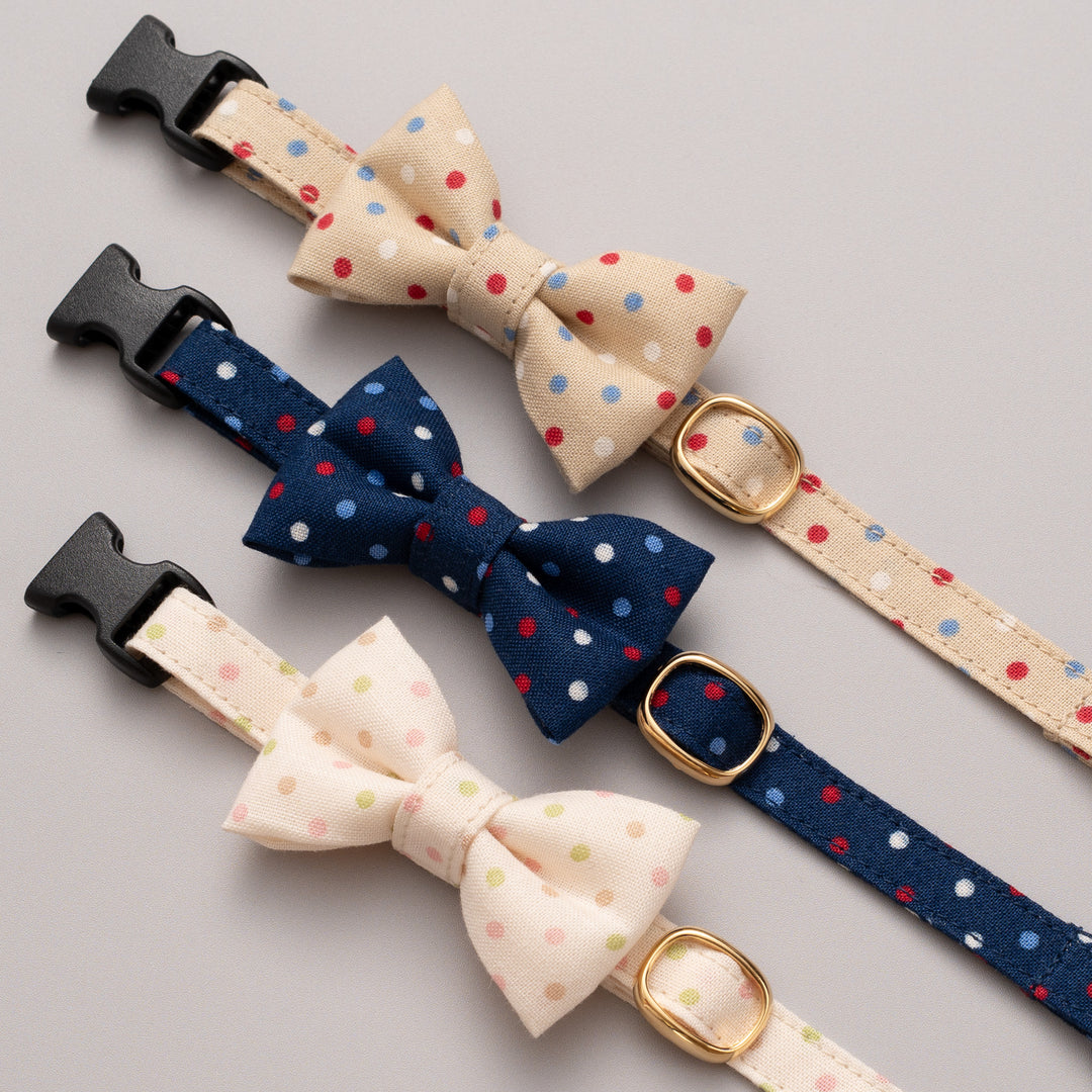 リボン付き猫首輪 ドット マルチカラー ネイビー【限定色】