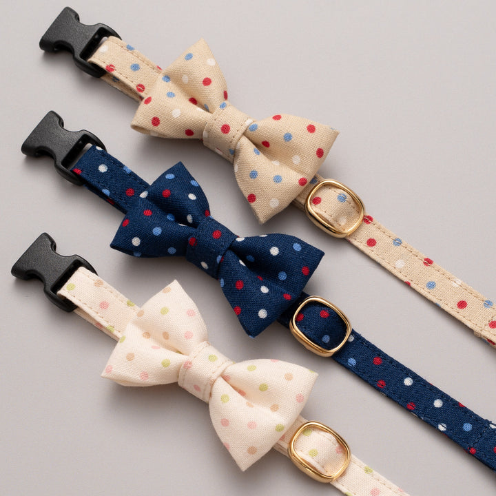 リボン付き猫首輪 ドット マルチカラー ネイビー【限定色】