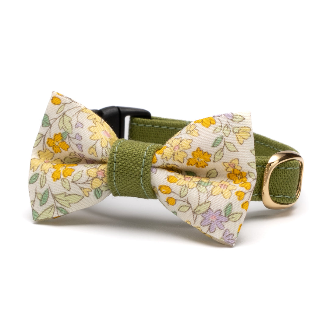 リボン付き猫首輪 綿麻小花 グリーン&イエロー