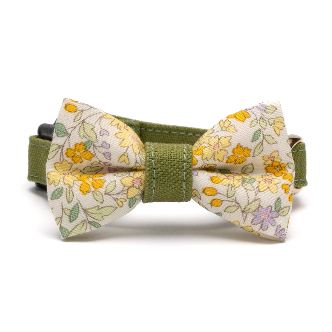 リボン付き猫首輪 綿麻小花 グリーン&イエロー